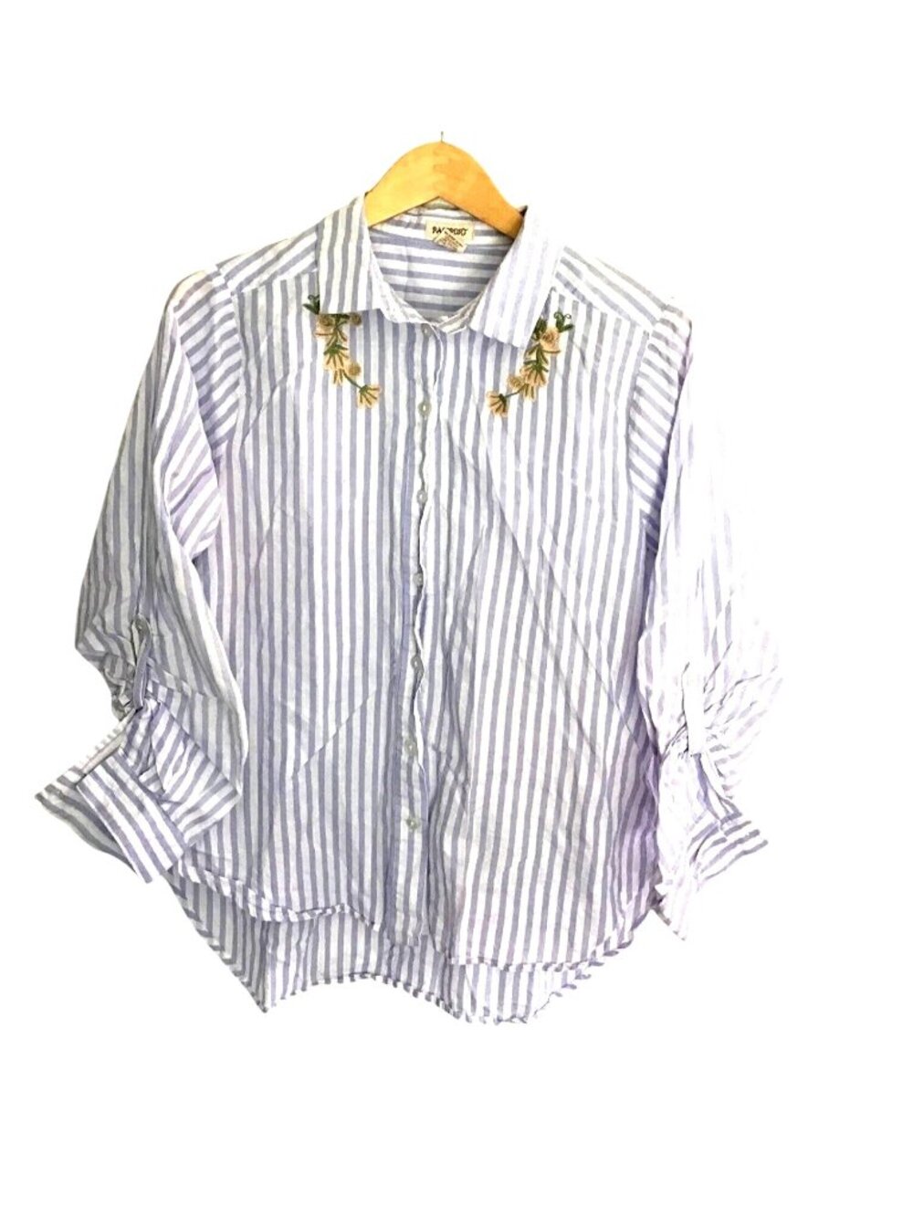 PASSAPORT- WOMENS BLUE/WHITE STRIPE FRONT EMBROIDER LONG SLEEVE 100% COTTON SZ L